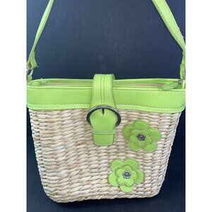 EGO Basket Weave Leather Bag Purse Green Leather Trim Lg Compartment w Pockets